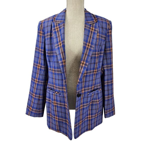 Grey Lab Neon Plaid Blazer Jacket Blue & Orange Women's M Preppy Academia - Picture 2 of 13